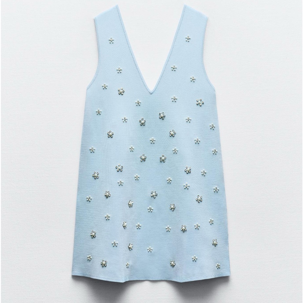 Zara Light Blue Embellished V‑Neck Mini Dress